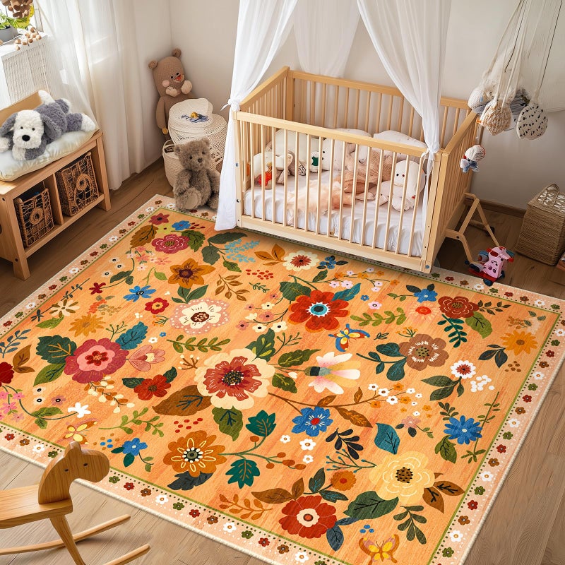 RELEANY Floral Nursery 5x7 Area Rugs Washable Print Boho Cute Carpet Non Slip Flower Low Pile for Living Room Kids Girls Playroom Bedroom Kitchen Office Farmhouse-Yellow/Orange - Image 1