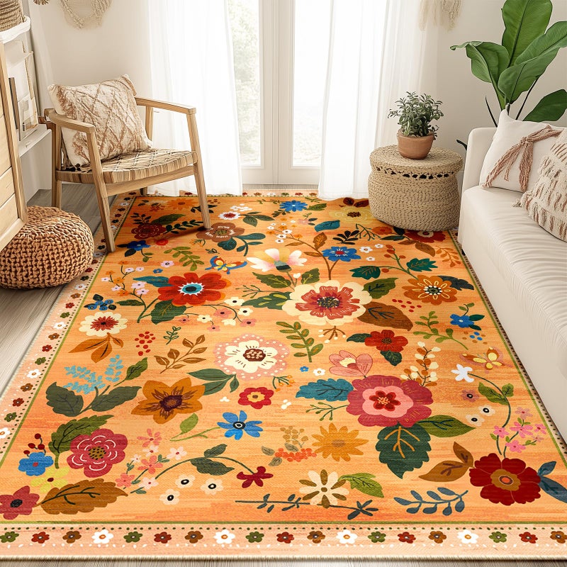 RELEANY Floral Nursery 5x7 Area Rugs Washable Print Boho Cute Carpet Non Slip Flower Low Pile for Living Room Kids Girls Playroom Bedroom Kitchen Office Farmhouse-Yellow/Orange - Image 2