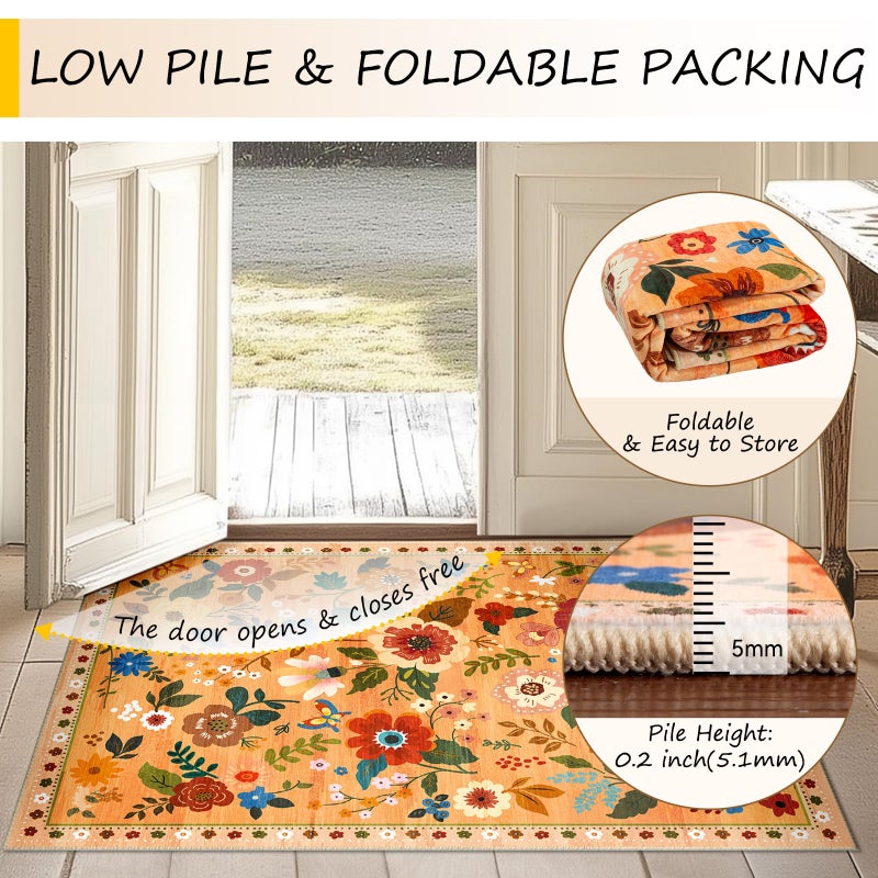 RELEANY Floral Nursery 5x7 Area Rugs Washable Print Boho Cute Carpet Non Slip Flower Low Pile for Living Room Kids Girls Playroom Bedroom Kitchen Office Farmhouse-Yellow/Orange - Image 4