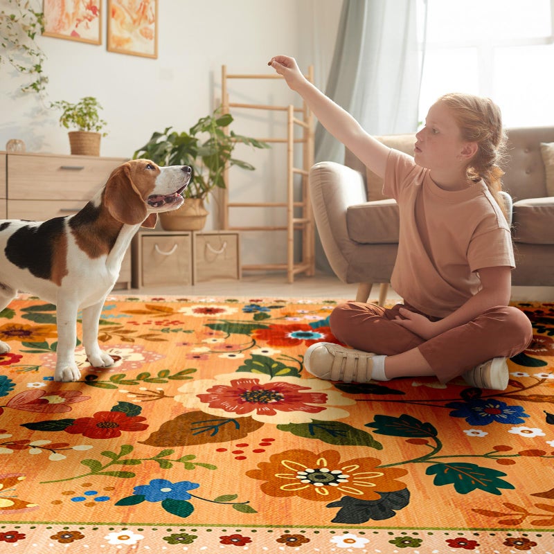 RELEANY Floral Nursery 5x7 Area Rugs Washable Print Boho Cute Carpet Non Slip Flower Low Pile for Living Room Kids Girls Playroom Bedroom Kitchen Office Farmhouse-Yellow/Orange - Image 5