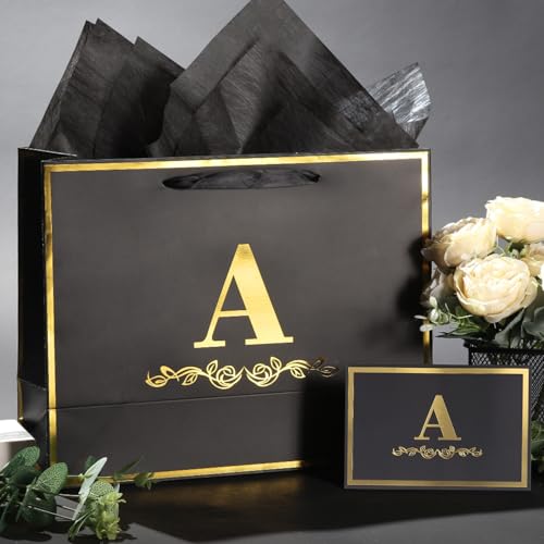 momoake Alphabet Birthday Gift Bag with Card and Tissue Paper for Men Women, 13" Large Black Gold Personalized Bridal Party Gift Paper Bag for Gifts Wrapping - (Letter A) - Image 5