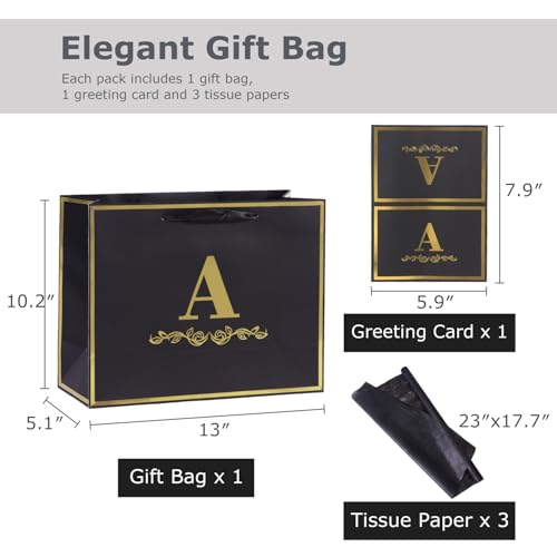 momoake Alphabet Birthday Gift Bag with Card and Tissue Paper for Men Women, 13" Large Black Gold Personalized Bridal Party Gift Paper Bag for Gifts Wrapping - (Letter A) - Image 2