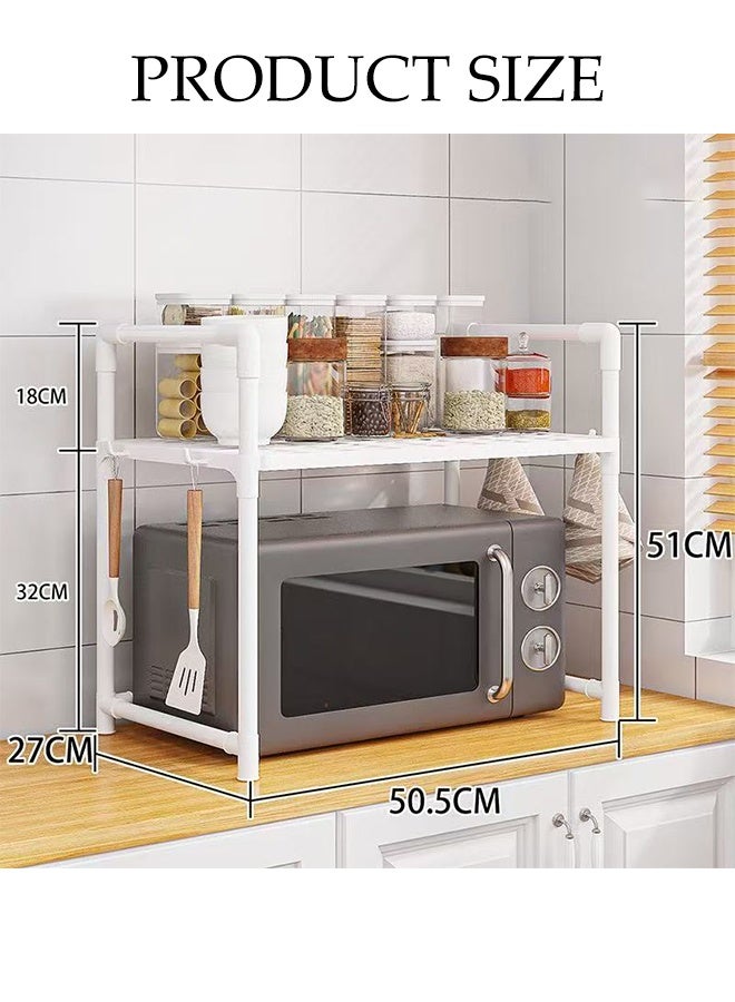 DUNISO 2-Tier Kitchen Storage Rack with Side Hooks , Multifunctional Microwave oven rack,Countertop Rack Organizer with Non-Slip Feet, for Spices, Pots and Pans(White) - Image 2