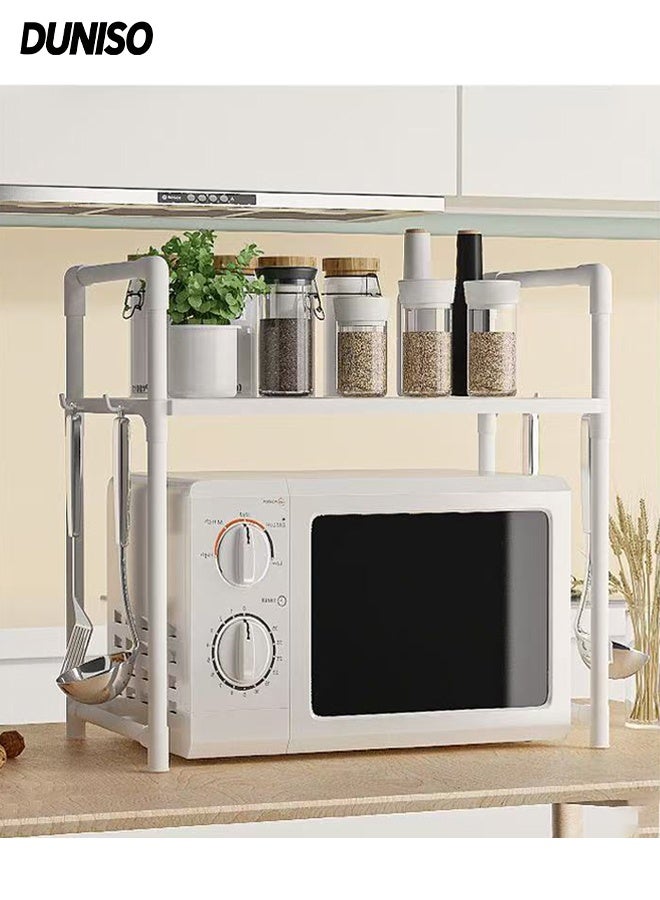 DUNISO 2-Tier Kitchen Storage Rack with Side Hooks , Multifunctional Microwave oven rack,Countertop Rack Organizer with Non-Slip Feet, for Spices, Pots and Pans(White) - Image 1