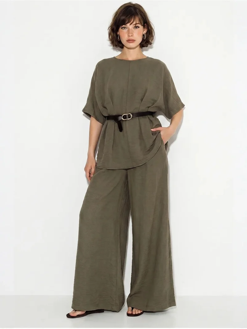 بيانكو لوتشي LUCCI Viscose-Linen Blouse And Wide-Leg Trousers Set