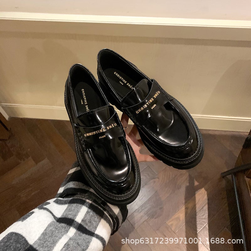 British Style Gold Letter Thick Bottom Small Leather Shoes For Women New Black Slip-On Loafers - Image 2