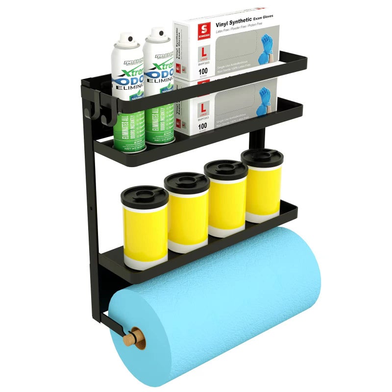 graffitimaster Paper Towel Holder with Shelf 2in1 Magnetic Shelf Heavy Duty Rustic Paper Towel Holder with 2 Removable Hooks Tissue Holder for Tool Shed Garage Workbench Kitchen Craft Room or Laundry Room 