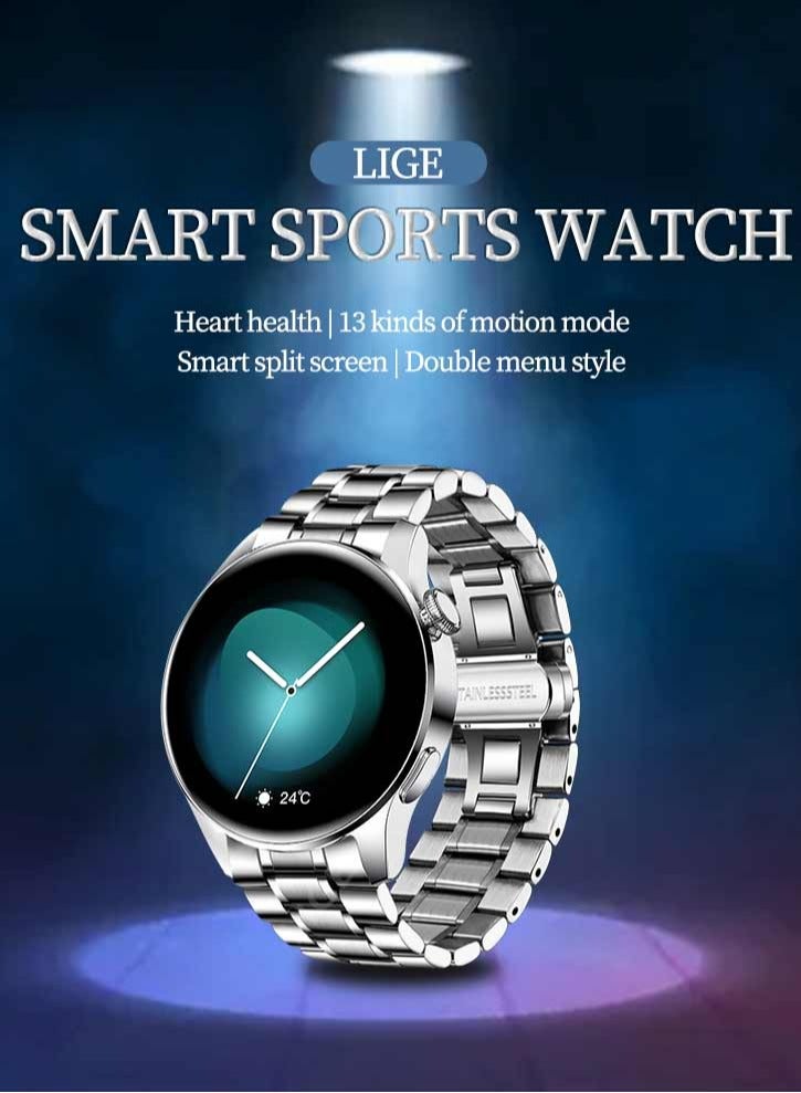 LIGE Men's Fashion Simplicity Style Full Touch Screen Round IP67 Waterproof Multifunctional Sports Smart Watch Bluetooth Call Support Android IOS Silver Stainless Steel band  - Image 3