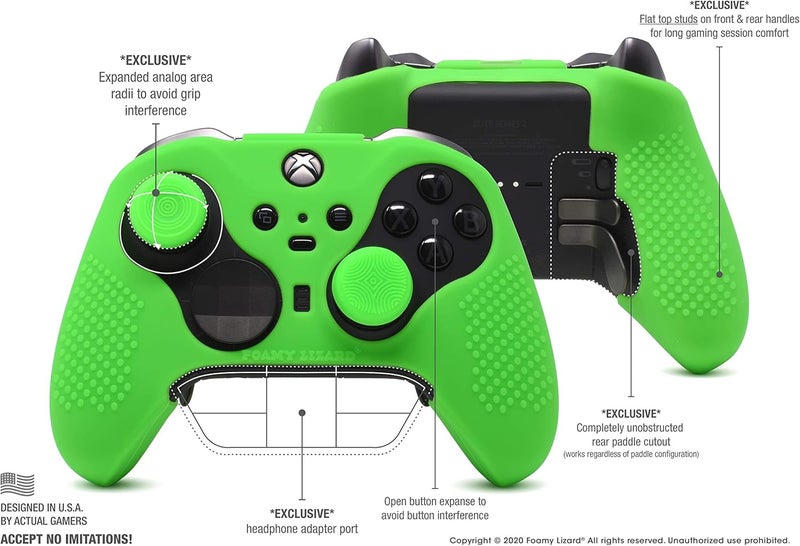 Foamy Lizard Elite Series 2 Studded Grip Skin for Xbox One Controller - Sweat Free Silicone, Flat Top Anti-Slip Studs + 8 QSX-Elite Thumb Grips (Green) - Image 4