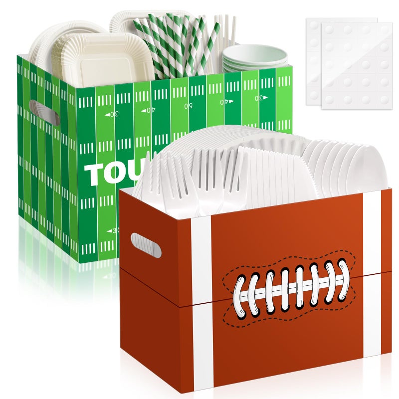 AKAIXI 2PCS Football Utensil Holder Paper Utensil Caddy for Football Party Supplies Cutlery Holder with Handles Green Brown Party Favors Snack Box Disposable Cutlery Caddy for Sports Birthday Decorations - Image 1