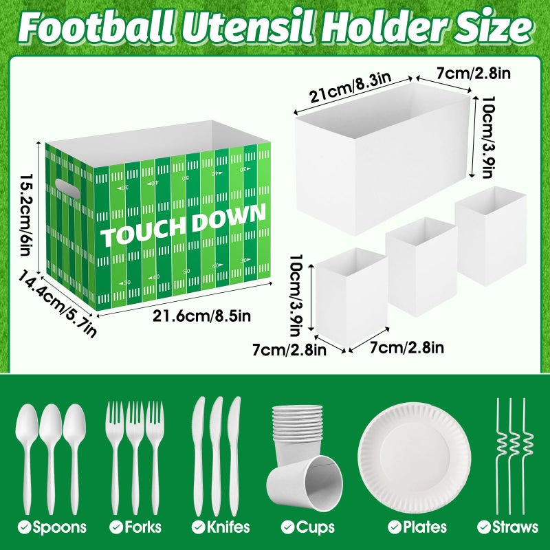 AKAIXI 2PCS Football Utensil Holder Paper Utensil Caddy for Football Party Supplies Cutlery Holder with Handles Green Brown Party Favors Snack Box Disposable Cutlery Caddy for Sports Birthday Decorations - Image 2