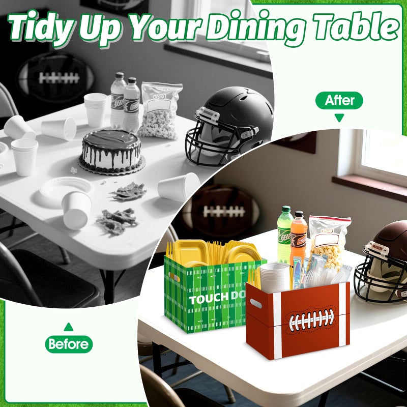 AKAIXI 2PCS Football Utensil Holder Paper Utensil Caddy for Football Party Supplies Cutlery Holder with Handles Green Brown Party Favors Snack Box Disposable Cutlery Caddy for Sports Birthday Decorations - Image 5