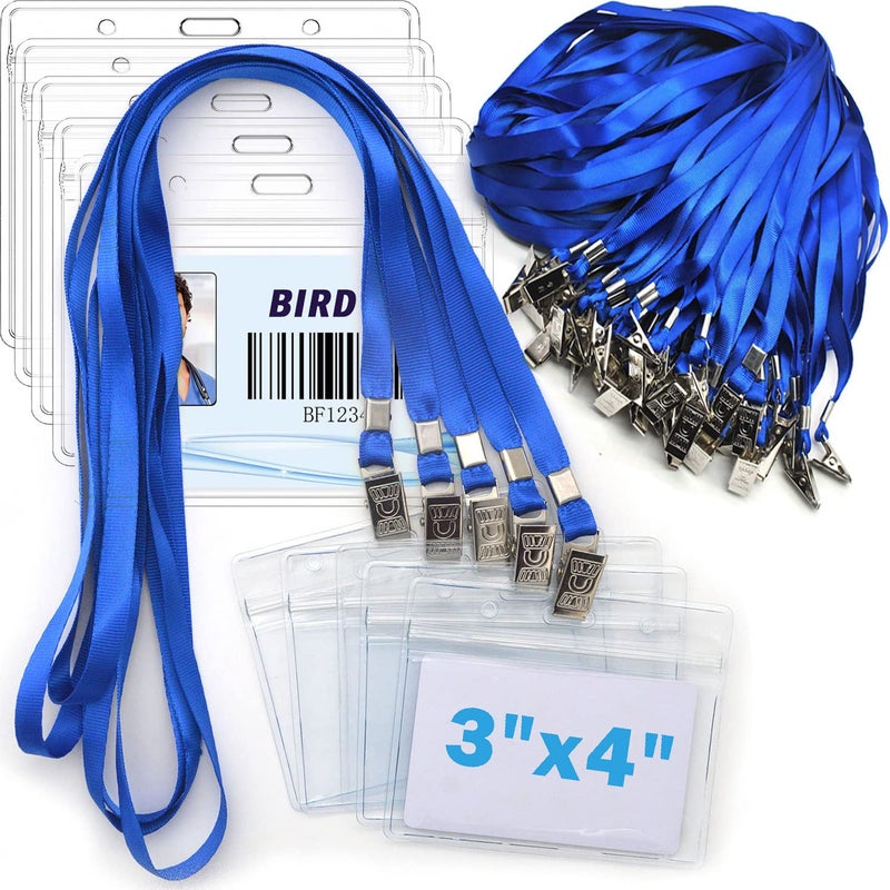 Bird Fiy 4x3 Name Tags Badge Holder with Lanyard 50 Pack Waterproof Horizontal ID Badge Holder and 50 Pcs Lanyards Nametag for Conferences, Events, and Meetings (Blue, 4 X 3 inches) - Image 1