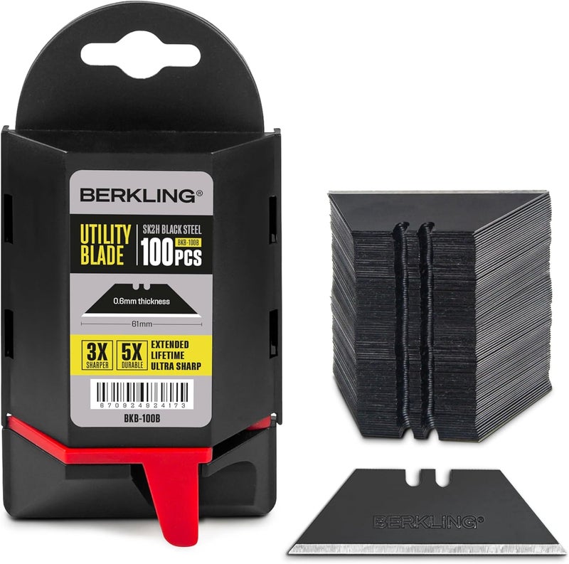 Berkling Utility Knife Blades 100 PCS With Dispenser, SK2H Laser Sharpened Hardened Black Carbon Steel, Ultra 3X Sharper, and 5X More Durable, Standard T-Shape Replacement Box Cutter Razor Blades - Image 1