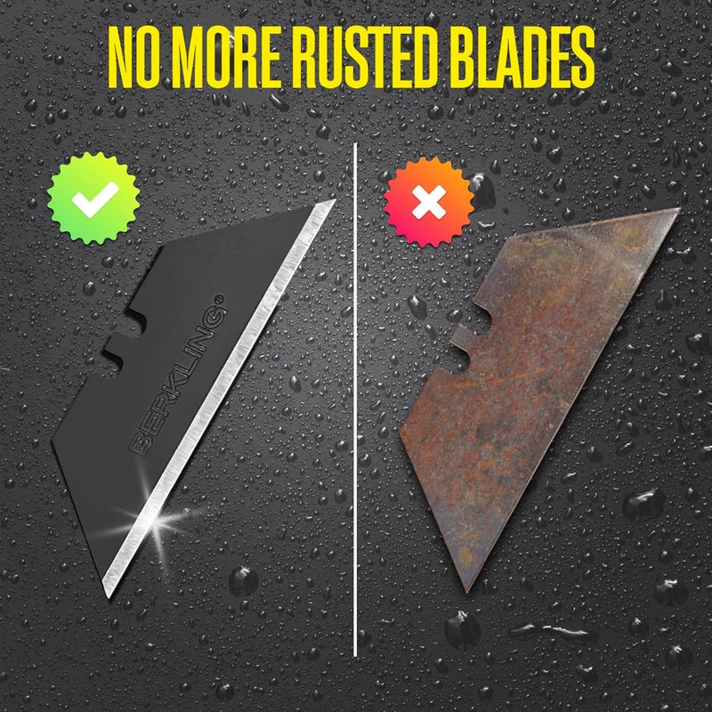 Berkling Utility Knife Blades 100 PCS With Dispenser, SK2H Laser Sharpened Hardened Black Carbon Steel, Ultra 3X Sharper, and 5X More Durable, Standard T-Shape Replacement Box Cutter Razor Blades - Image 3