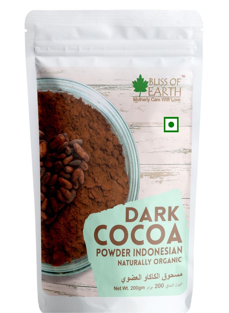 BLISS OF EARTH Naturally Organic Dark Cocoa Powder for Baking Chocolate Cake Cookies Chocolate Shake Unsweetened Cocoa 200GM - Image 1