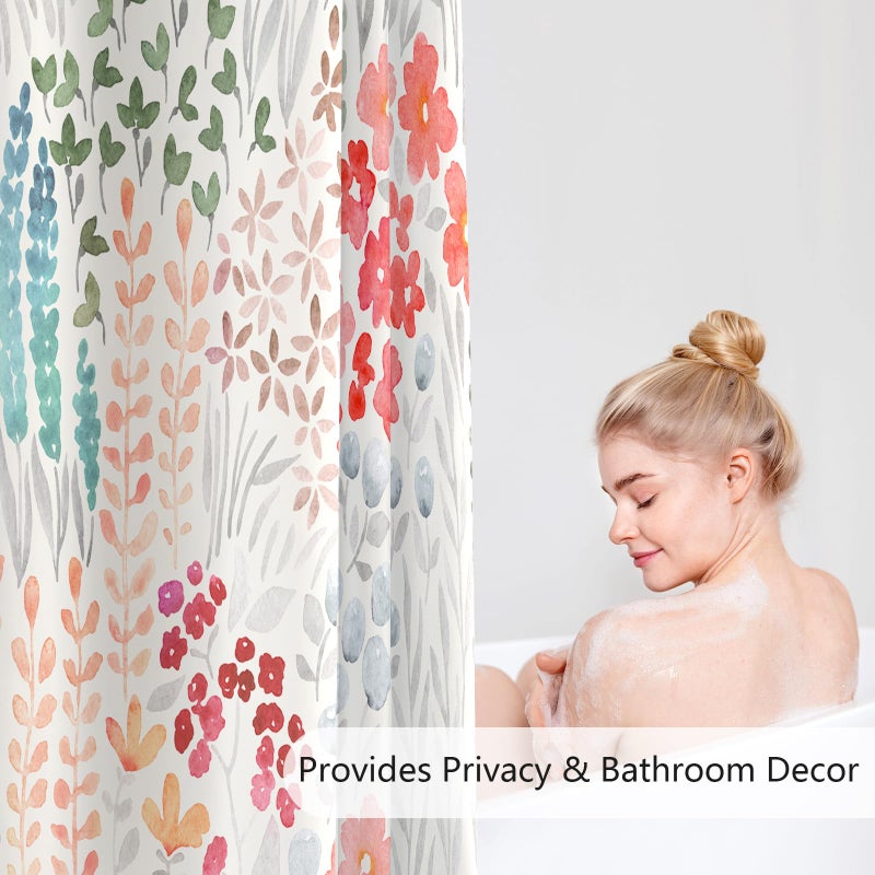 MAYZUS Colorful Floral Shower Curtain  Retro Red Teal Flower Fabric Shower Curtain  Cute Funky Watercolor Wildflower Shower Curtain Set  Cottagecore Bohemian Bathroom Decor  72x72 - Image 2