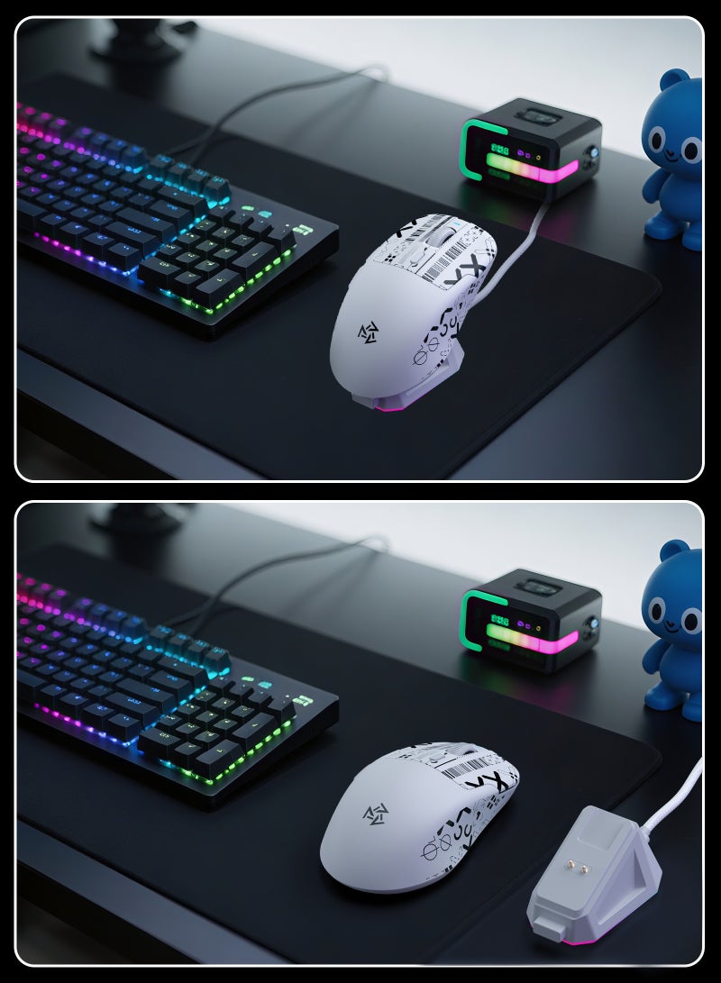 SE1 Wireless Three Mode Mouse with Ribbon, 66g Ultra Light, Bluetooth/2.4G Wireless Gaming Mouse, Gaming Mouse with Software, Gaming Mouse with Charging Dock, DPI Adjustable to 12800，1000Hz Rate of Return (White and with Sticker)