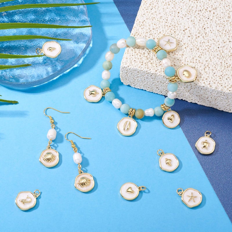 Craftdady 20pcs Ocean Enamel Pendants Flat Round 18K Gold Plated Dangle Earring Charms Tortoise Starfish Shell Conch Heart Bracelet Charms with Jump Ring Lovely Hang Ornament for Jewelry Making - Image 2