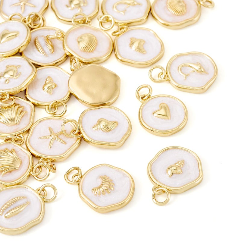 Craftdady 20pcs Ocean Enamel Pendants Flat Round 18K Gold Plated Dangle Earring Charms Tortoise Starfish Shell Conch Heart Bracelet Charms with Jump Ring Lovely Hang Ornament for Jewelry Making - Image 1
