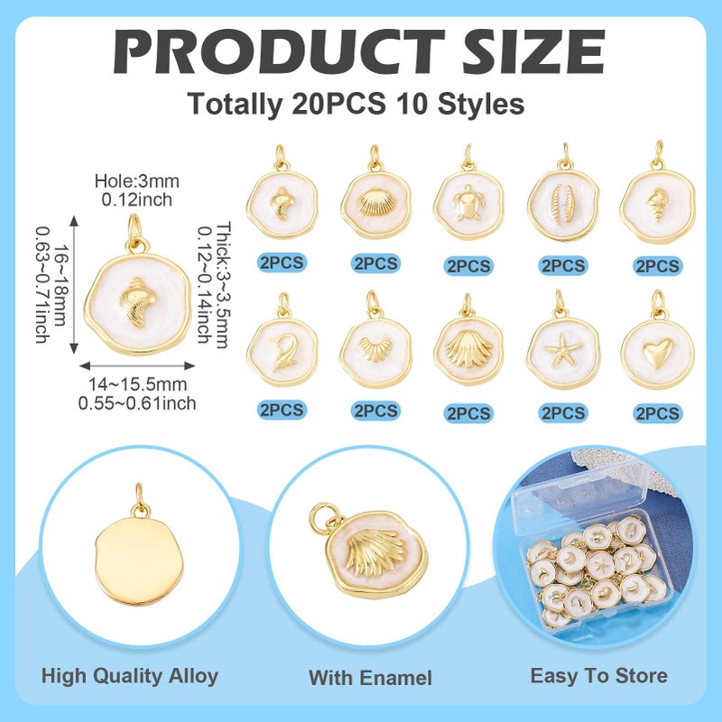 Craftdady 20pcs Ocean Enamel Pendants Flat Round 18K Gold Plated Dangle Earring Charms Tortoise Starfish Shell Conch Heart Bracelet Charms with Jump Ring Lovely Hang Ornament for Jewelry Making - Image 4