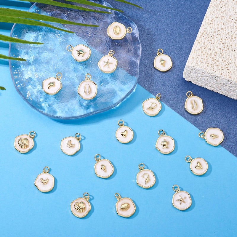 Craftdady 20pcs Ocean Enamel Pendants Flat Round 18K Gold Plated Dangle Earring Charms Tortoise Starfish Shell Conch Heart Bracelet Charms with Jump Ring Lovely Hang Ornament for Jewelry Making - Image 5