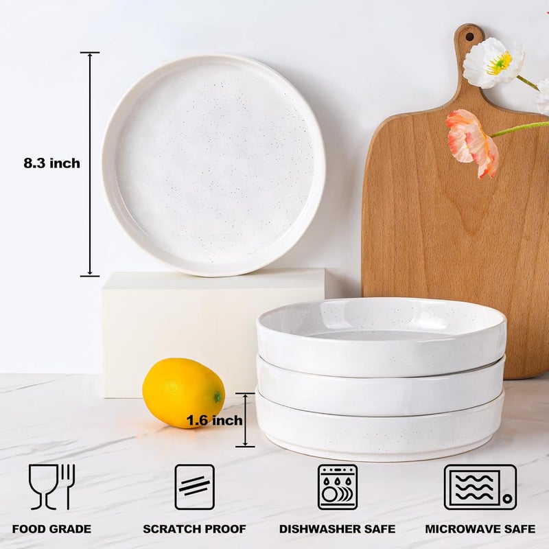 E-far طقم أطباق باستا إيفار من 4 قطع سعة 30 أونصة أطباق سلطة ضحلة لتقديم العشاء 825 أطباق خزفية من الحجر لحمام المعكرونة آمنة للاستخدام في الميكروويف وغسالة الصحون بورسلين لامع مرقط أبيض - Image 2