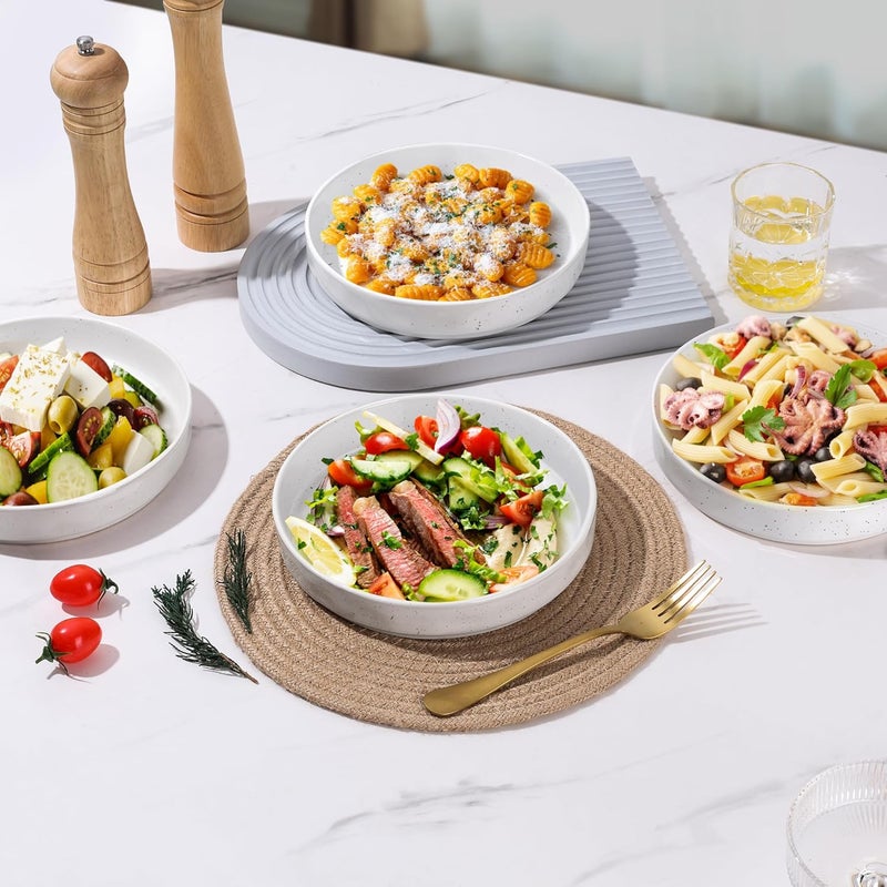 E-far طقم أطباق باستا إيفار من 4 قطع سعة 30 أونصة أطباق سلطة ضحلة لتقديم العشاء 825 أطباق خزفية من الحجر لحمام المعكرونة آمنة للاستخدام في الميكروويف وغسالة الصحون بورسلين لامع مرقط أبيض - Image 5