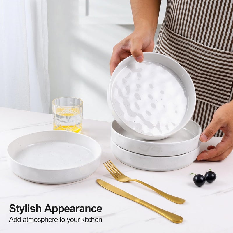 E-far طقم أطباق باستا إيفار من 4 قطع سعة 30 أونصة أطباق سلطة ضحلة لتقديم العشاء 825 أطباق خزفية من الحجر لحمام المعكرونة آمنة للاستخدام في الميكروويف وغسالة الصحون بورسلين لامع مرقط أبيض - Image 3