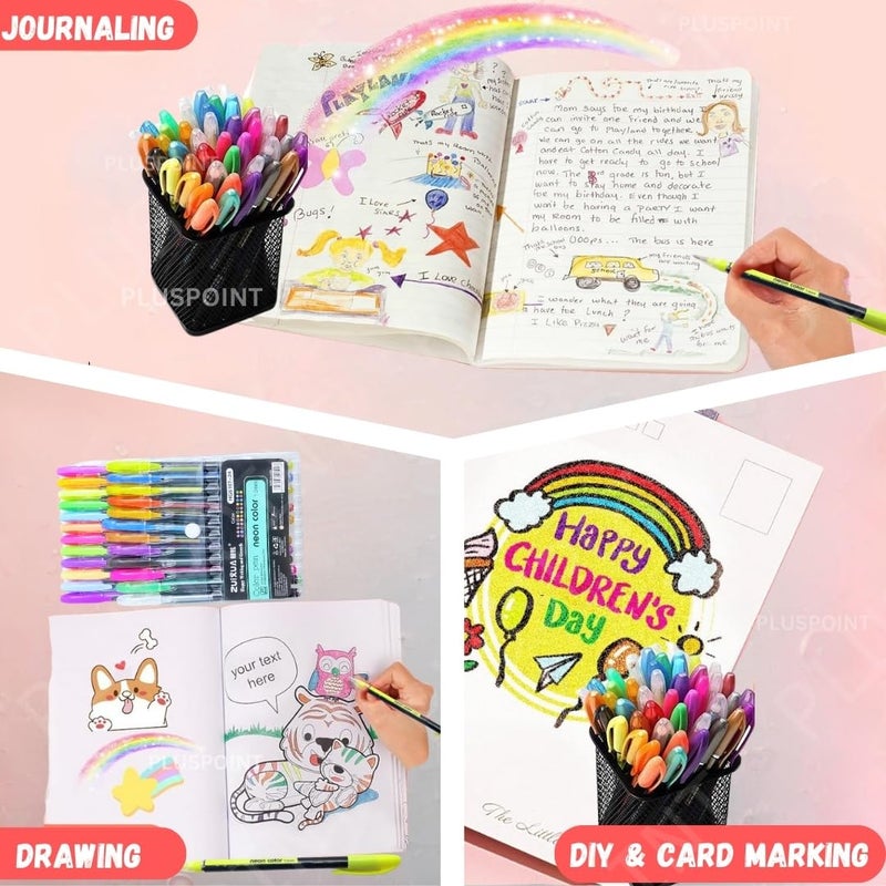 PLUSPOINT 36 قلم جل ملون 12 لون نيون 12 قلم لامع 12 قلم معدني ذو طرف رفيع مجموعة فنون أقلام جل ملونة لكتاب التلوين، الرسم، الخربشة، تدوين الملاحظات، أقلام لامعة هدايا للأطفال - Image 5