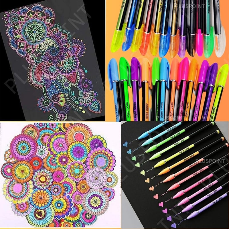 PLUSPOINT 36 قلم جل ملون 12 لون نيون 12 قلم لامع 12 قلم معدني ذو طرف رفيع مجموعة فنون أقلام جل ملونة لكتاب التلوين، الرسم، الخربشة، تدوين الملاحظات، أقلام لامعة هدايا للأطفال - Image 3