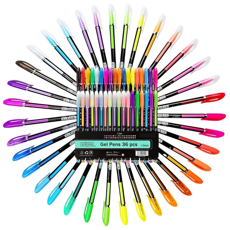 PLUSPOINT 36 قلم جل ملون 12 لون نيون 12 قلم لامع 12 قلم معدني ذو طرف رفيع مجموعة فنون أقلام جل ملونة لكتاب التلوين، الرسم، الخربشة، تدوين الملاحظات، أقلام لامعة هدايا للأطفال - Image 1