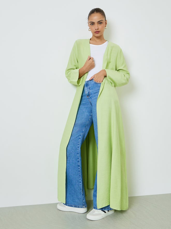 Styli Green Solid Front Open Abaya - Image 1