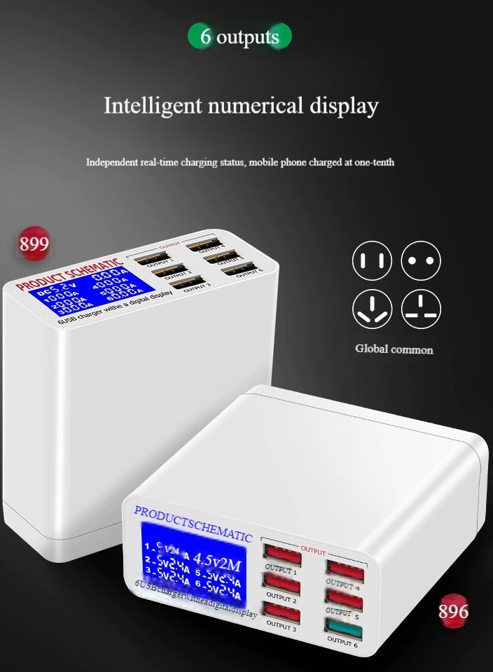 8A QC3.0 USB Charger with LCD Display 6 Ports Desktop Mobile Phone Charger Smart Fast Charging for Smart Phones Tablet PC896 QC3.0 - Image 3