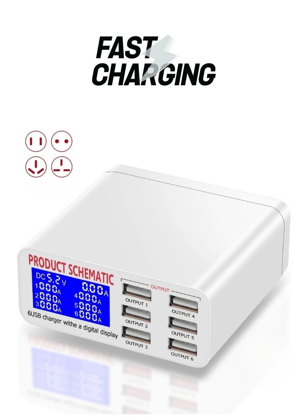 8A QC3.0 USB Charger with LCD Display 6 Ports Desktop Mobile Phone Charger Smart Fast Charging for Smart Phones Tablet PC896 QC3.0
