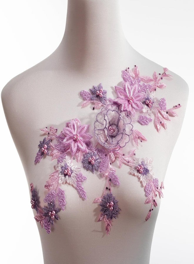 Silvora 3D Embroidered Flower Fabric Beaded Pearl Lace Applique, Handmade Sewing Tool for DIY Wedding Bridal Dress Floral Costume Patch Decor(Purple) - Image 1