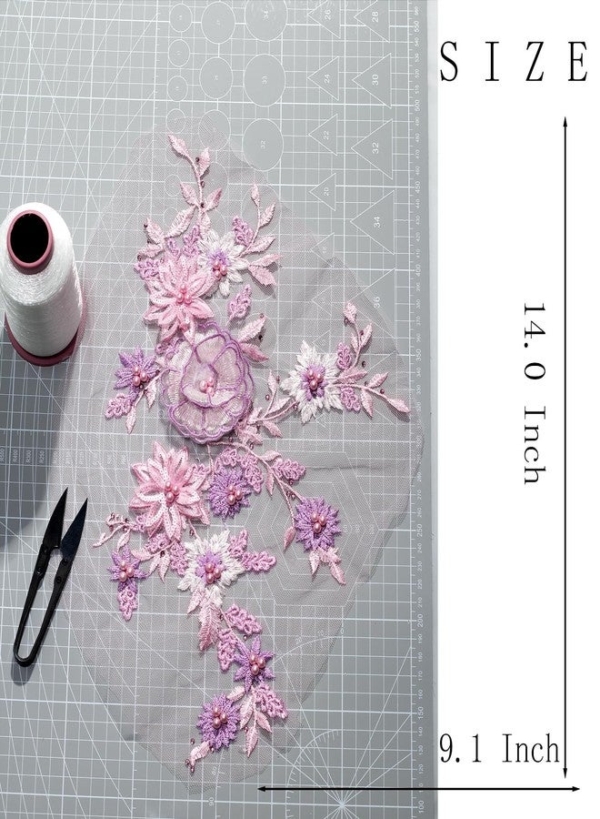 Silvora 3D Embroidered Flower Fabric Beaded Pearl Lace Applique, Handmade Sewing Tool for DIY Wedding Bridal Dress Floral Costume Patch Decor(Purple) - Image 4