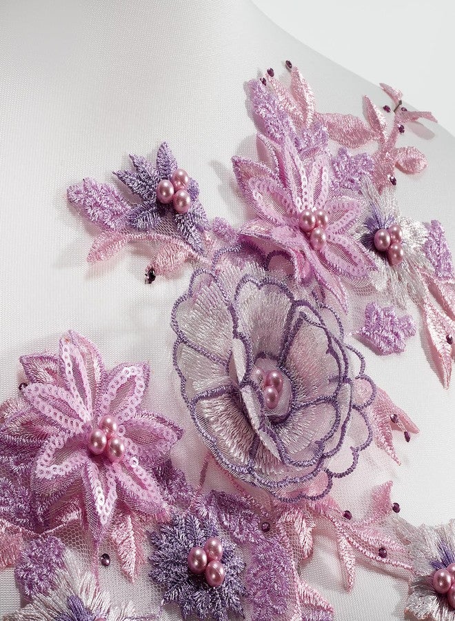 Silvora 3D Embroidered Flower Fabric Beaded Pearl Lace Applique, Handmade Sewing Tool for DIY Wedding Bridal Dress Floral Costume Patch Decor(Purple) - Image 2