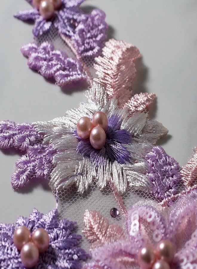 Silvora 3D Embroidered Flower Fabric Beaded Pearl Lace Applique, Handmade Sewing Tool for DIY Wedding Bridal Dress Floral Costume Patch Decor(Purple) - Image 3