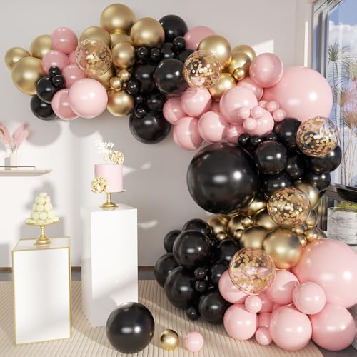 MEBAY Black Pink and Gold Balloon Garland Arch Kit 156 Pastel Pink Matte Black Metallic Gold Balloons for Women Girls Party Birthday Wedding Bridal Shower Bachelorette Anniversary Graduations - Image 1