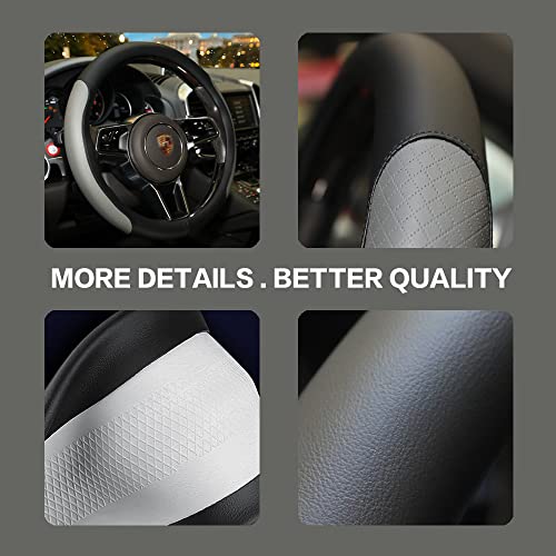 VARGTR Steering Wheel Cover, Microfiber Leather Splicing with Classic Embossing,Contrasting Colors Anti-Slip Breathable Auto Car Steering Wheel Cover Fit 15 Inch Car Wheel Protector (Black&Gray) - Image 4