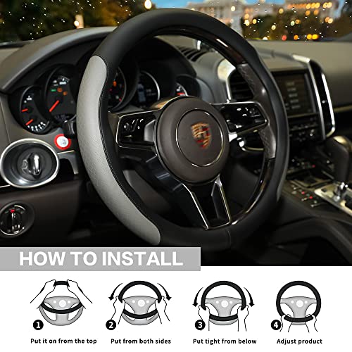 VARGTR Steering Wheel Cover, Microfiber Leather Splicing with Classic Embossing,Contrasting Colors Anti-Slip Breathable Auto Car Steering Wheel Cover Fit 15 Inch Car Wheel Protector (Black&Gray) - Image 5