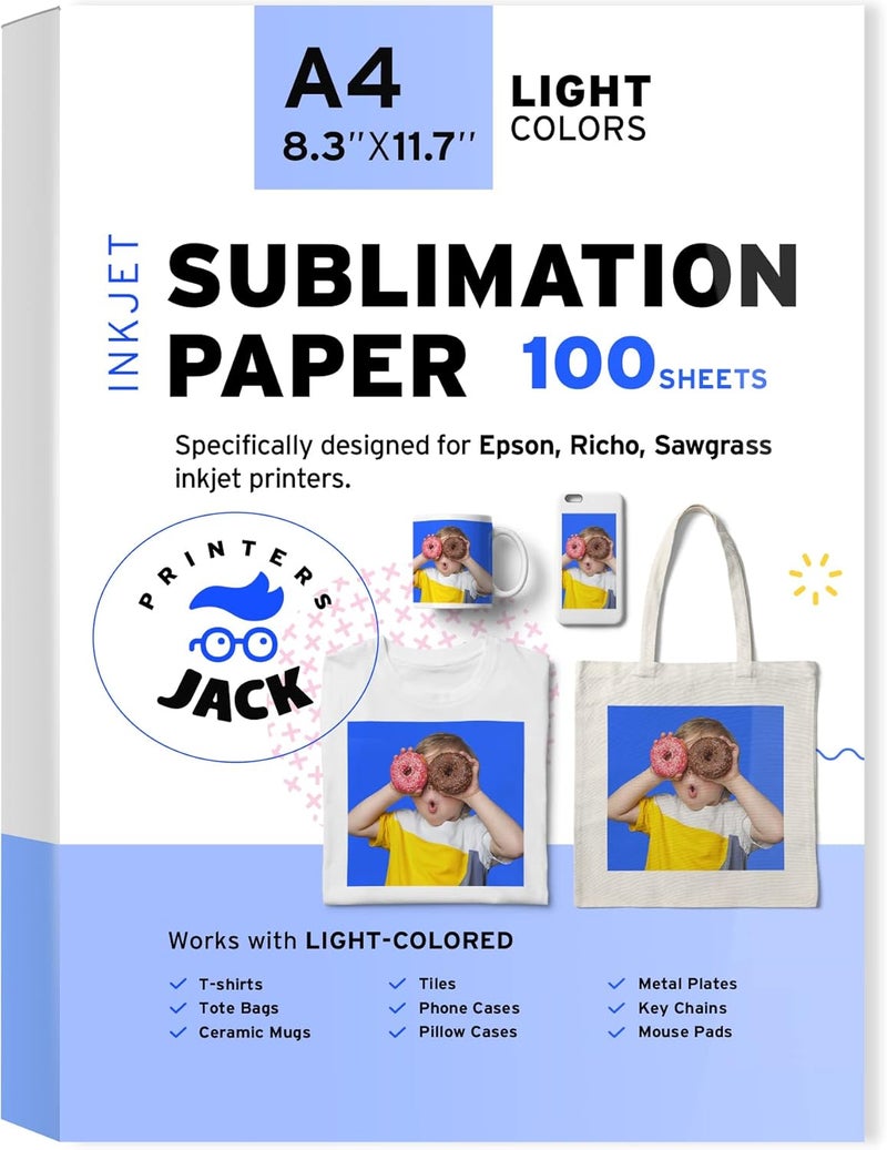 Printers Jack Sublimation Paper - Heat Transfer Paper 100 Sheets 8.3" x 11.7" for Any Epson HP Canon Sawgrass Inkjet Printer with Sublimation Ink for T shirt Mugs DIY - Image 1