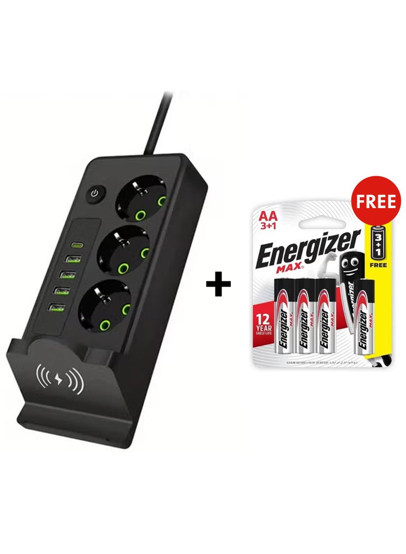 Power Strip 3-Outlet , Strong and flexible cord for powering electrical appliances 4 USB Ports and a Type-C Output, 2500W, Fire-Resistant  Practical design withstands daily use and powers up to 3 devices at the same time , Ideal for offices, bedrooms, meeting tables, and computers , Durable and resistant plastic material , Stable, non-slip feet high quality & Max Alkaline Batteries MulticolourBundle - Image 1