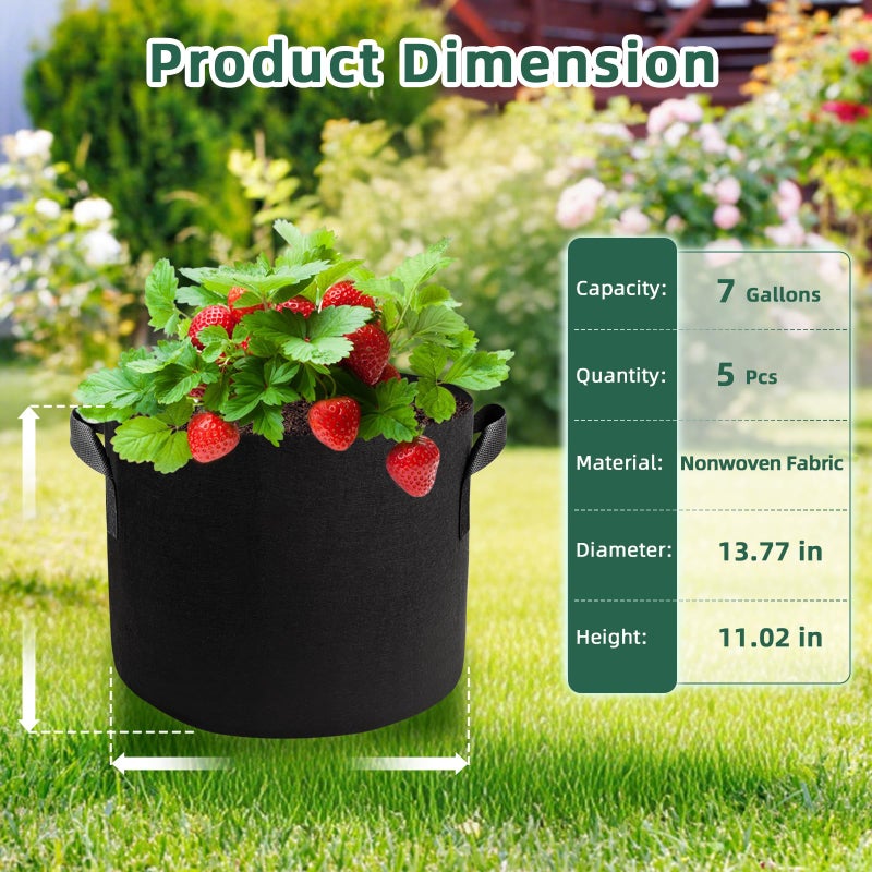 COKIELE 5 Pack 7 Gallon Grow Bags with Handles, Thickened Aeration Nonwoven Fabric Garden Growing Bags Heavy Duty 300G for Tomato, Potato, Strawberry, Vegetable, Fruits and Flowers - Image 3