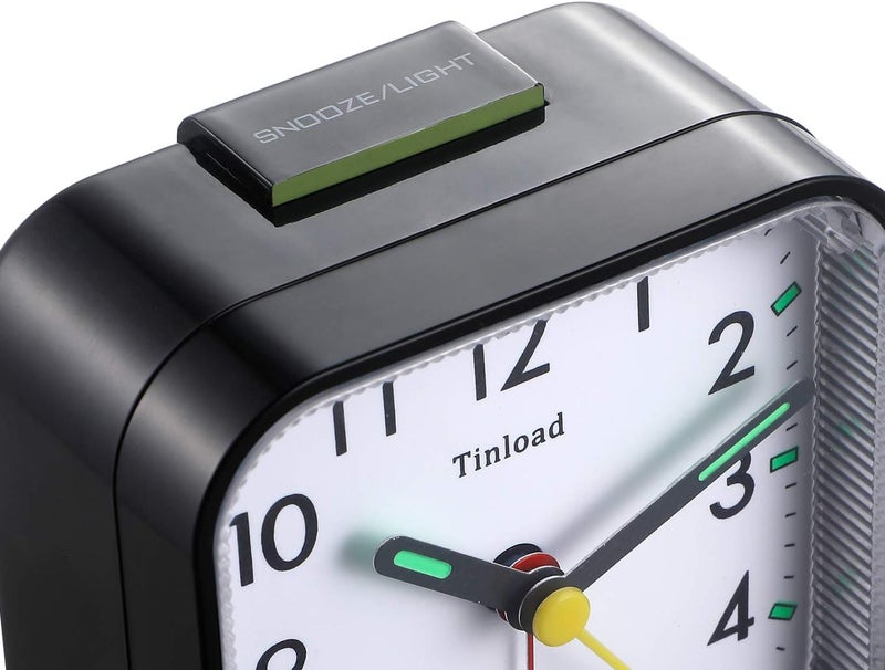 Tinload Small Battery Operated Analog Travel Alarm Clock Silent Non Ticking, Gentle Wake, Ascending Beep Sounds, Snooze,Lighted on Demand, Easy Set(Black) - Image 4
