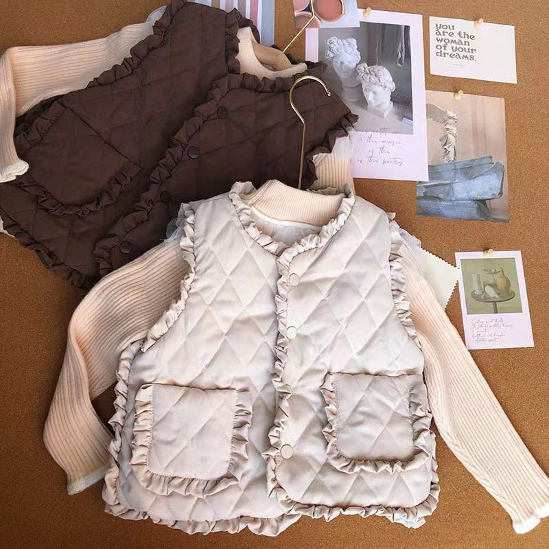 Girls Sweet Lace Padded Vest Autumn Winter Warm Loose Korean Off-white vest (plus Velvet) 