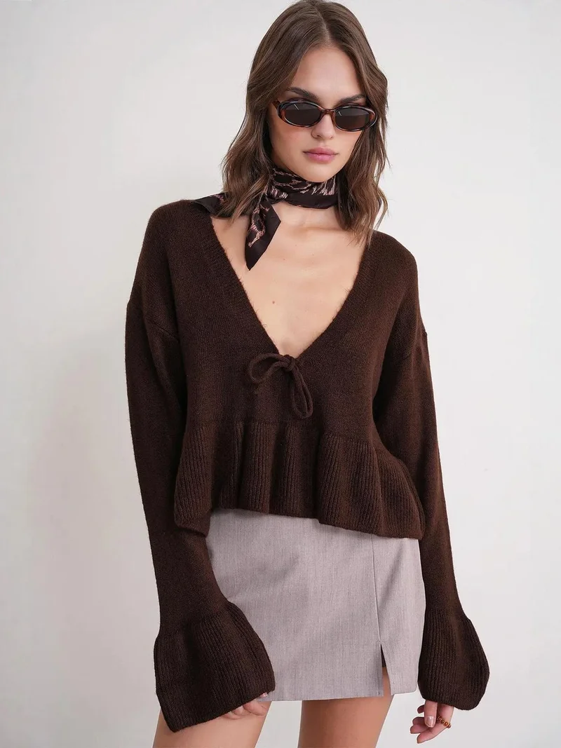 MixRay Coffee Brown Mixray Tie Detailed Ruffled V-Neck Knit Sweater for Women | Best Price UAE