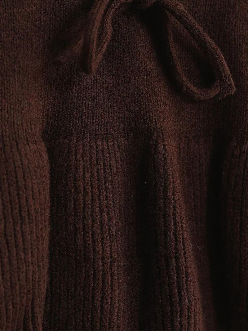 MixRay Coffee Brown Mixray Tie Detailed Ruffled V-Neck Knit Sweater for Women | Best Price UAE