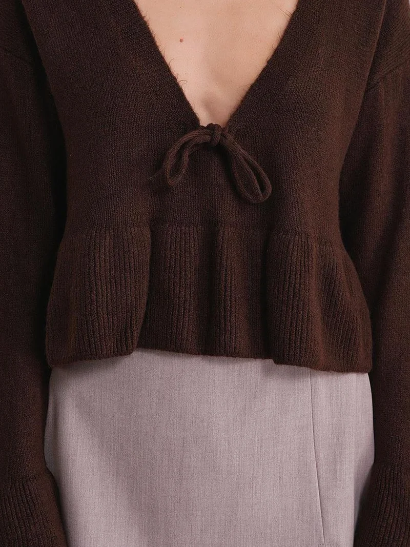 MixRay Coffee Brown Mixray Tie Detailed Ruffled V-Neck Knit Sweater for Women | Best Price UAE